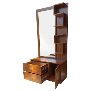 Teak Wood Dressing Table with Drawers and Brown Polished Finish