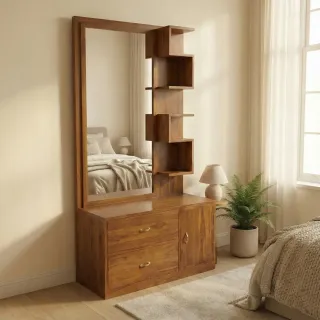 Teak Wood Dressing Table with Drawers and Brown Polished Finish