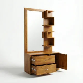 Teak Wood Dressing Table with Drawers and Brown Polished Finish