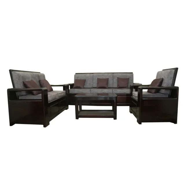Solid Teak Wood Sofa Set 3+2+1 with Teapoy – Walnut Finish