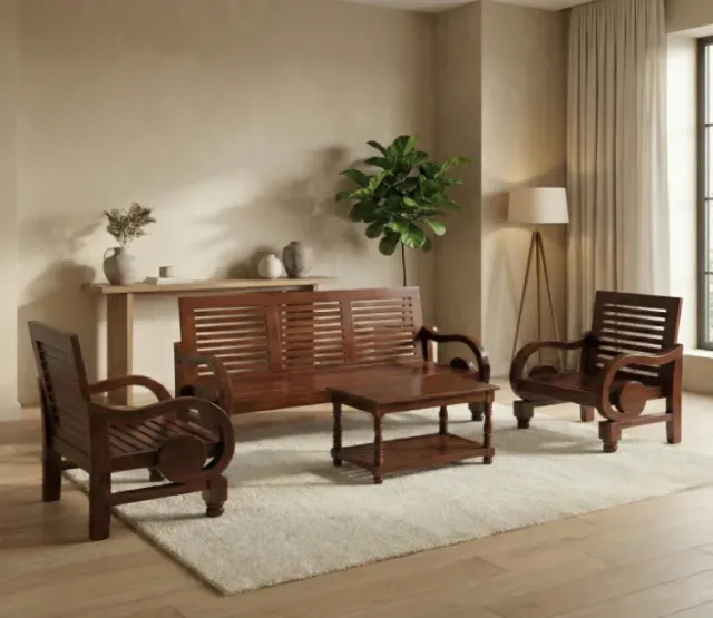 Curved Arm Teak Wood 5-Seater Sofa Set for Living Room (3+1+1) with Center Table