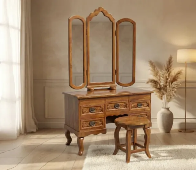 Traditional Solid Teak Wood Dressing Table with Mirror & Stool