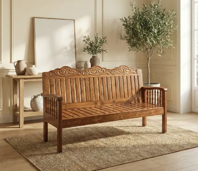 Traditional Solid Teak Wood 3 Seater Sofa