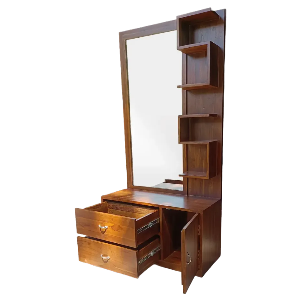 Teak Wood Dressing Table with Drawers and Brown Polished Finish