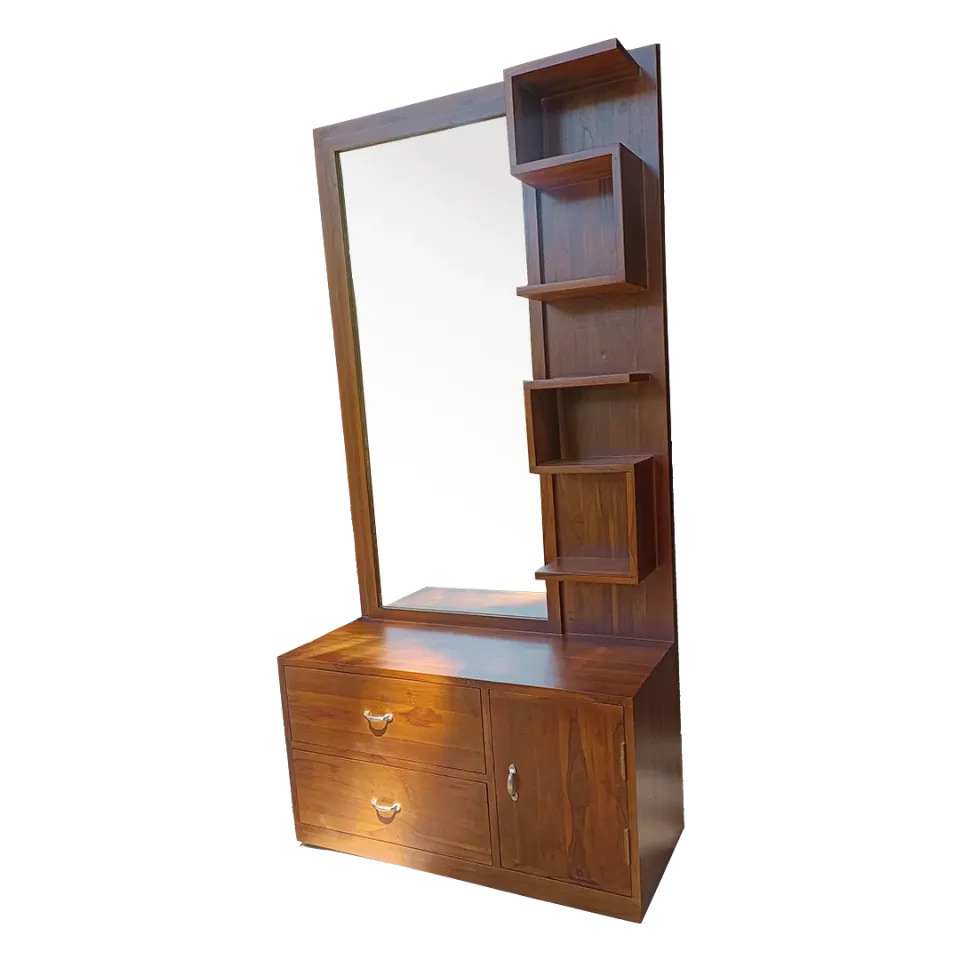 Teak Wood Dressing Table with Drawers and Brown Polished Finish