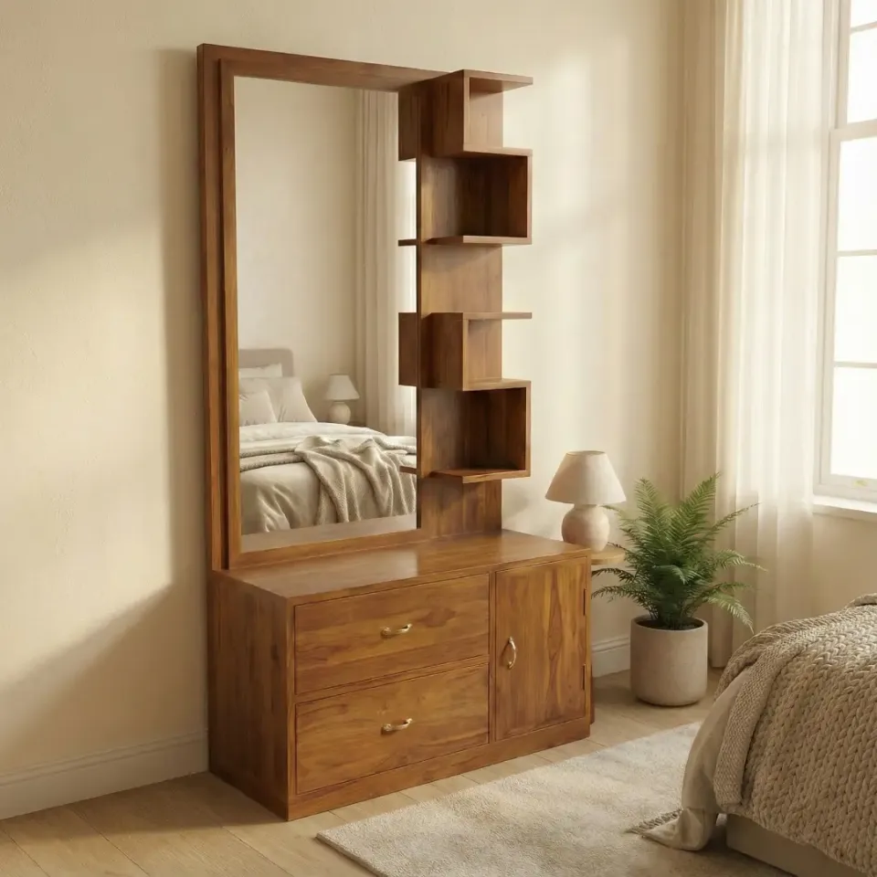 Teak Wood Dressing Table with Drawers and Brown Polished Finish