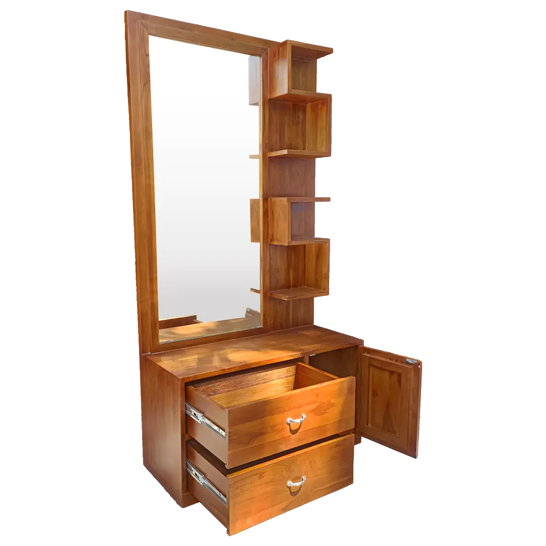 Teak Wood Dressing Table with Drawers and Brown Polished Finish