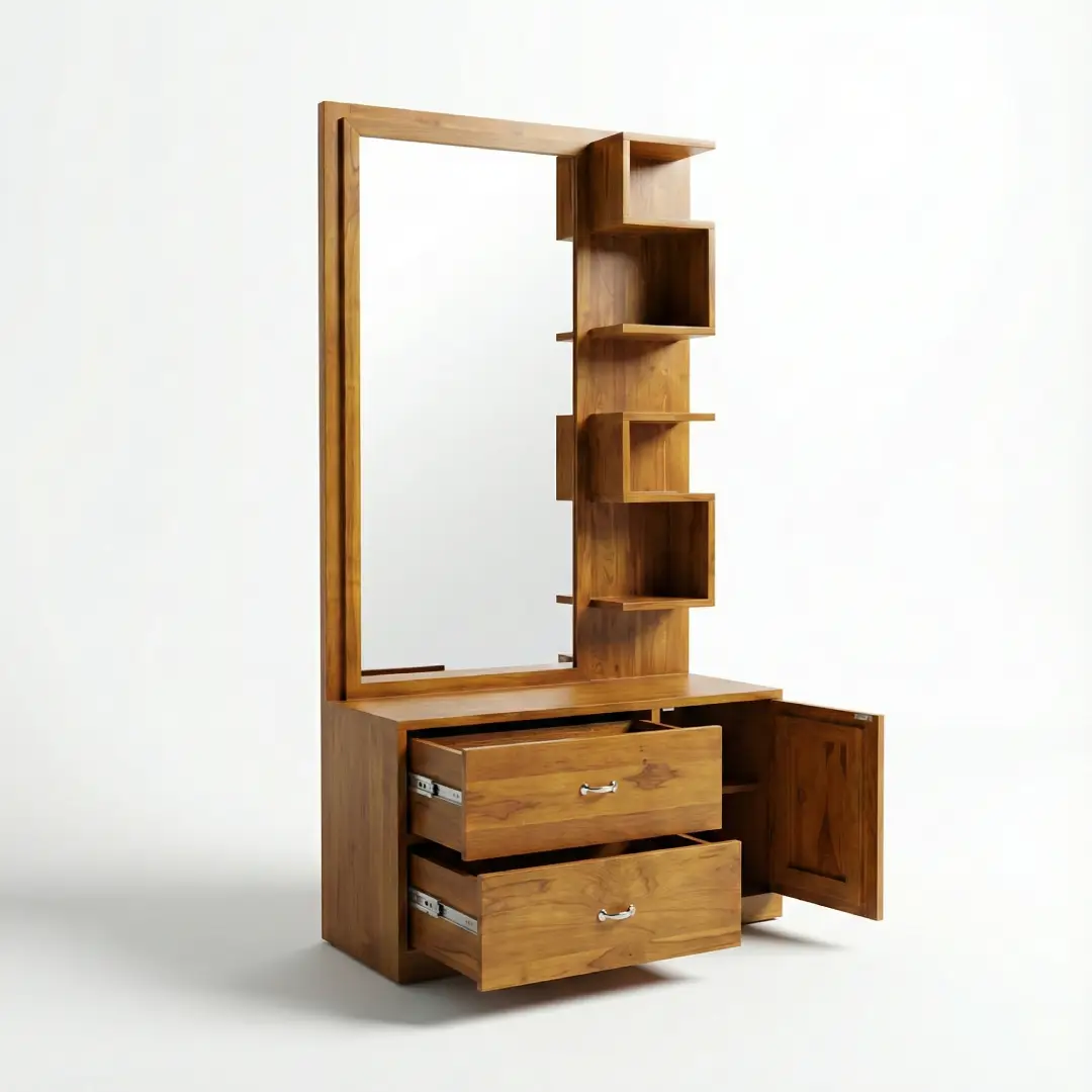 Teak Wood Dressing Table with Drawers and Brown Polished Finish