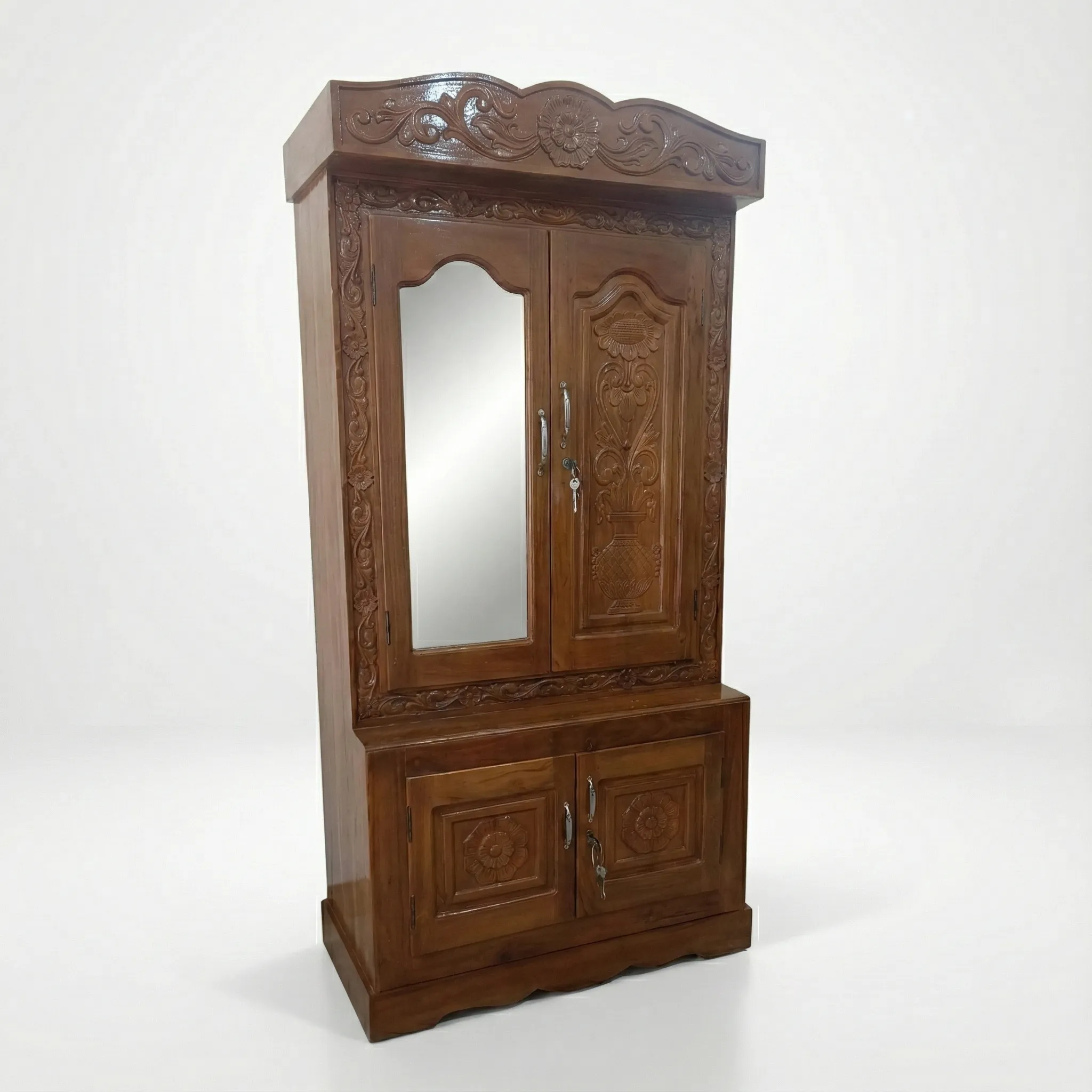 Premium Teak Wood Carved Wardrobe with Mirror Handcrafted Traditional Design