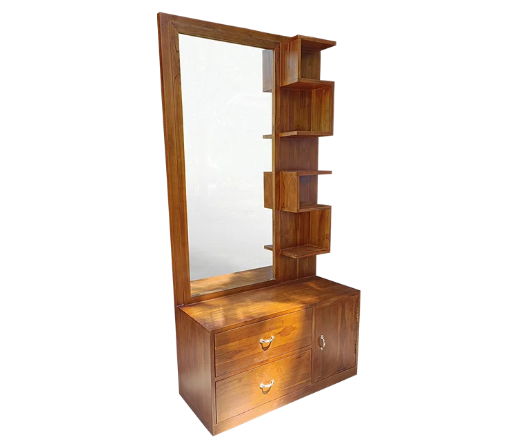 Teak Wood Dressing Table with Drawers and Brown Polished Finish