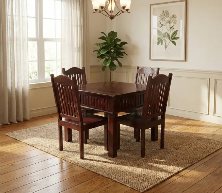 Square Teak Wood 4 Seater Dining Table with Glossy Finish