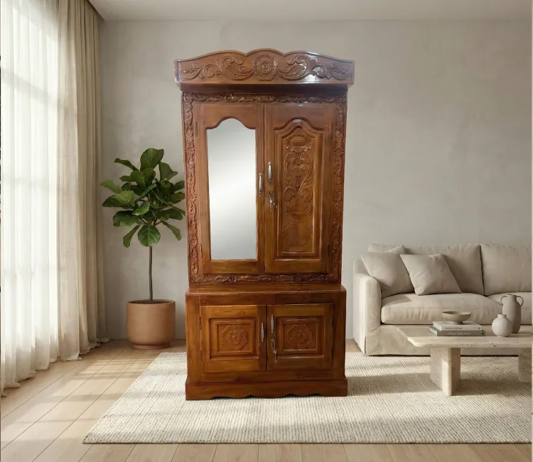 Premium Teak Wood Carved Wardrobe with Mirror Handcrafted Traditional Design